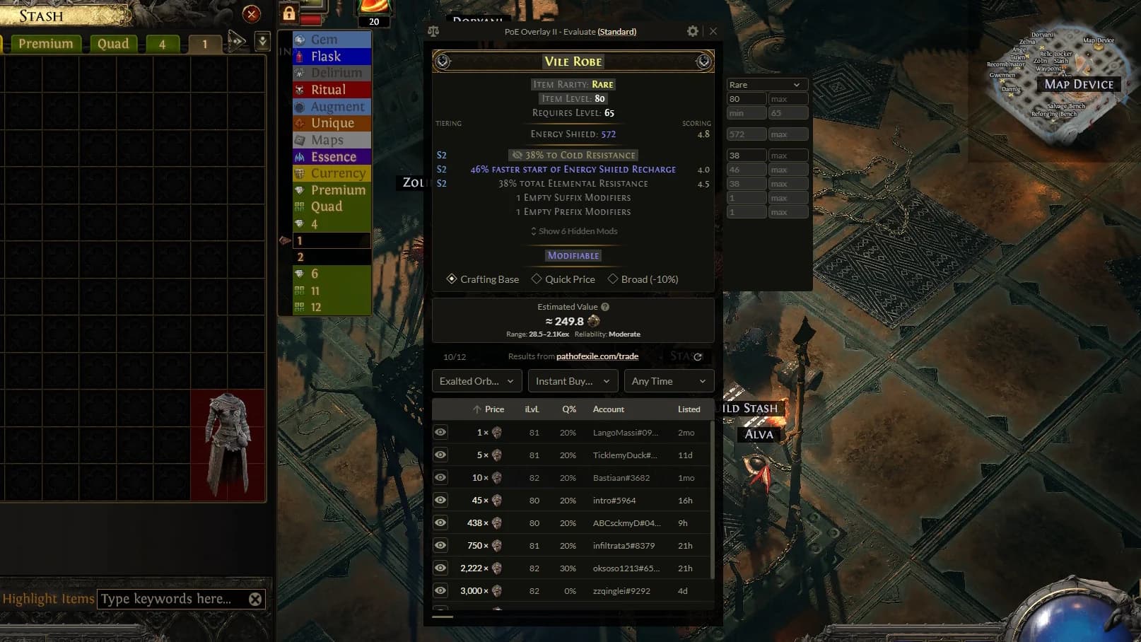 PoE price checker profiles for a crafting base and crafted item