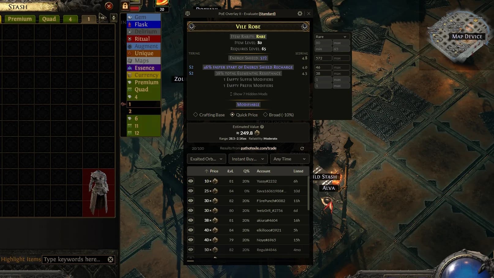 PoE Overlay price checker showing an in-game item search