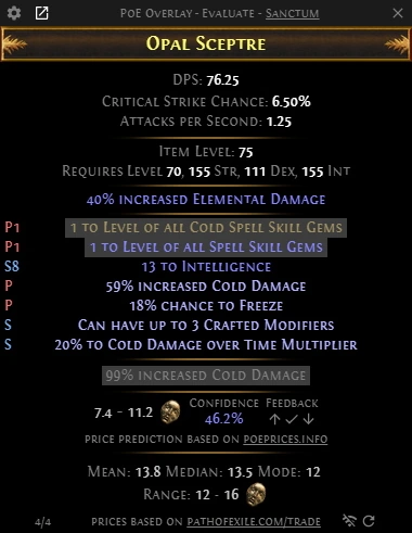 Evaluate showing sceptre +2 Cold Spell Skill Gems