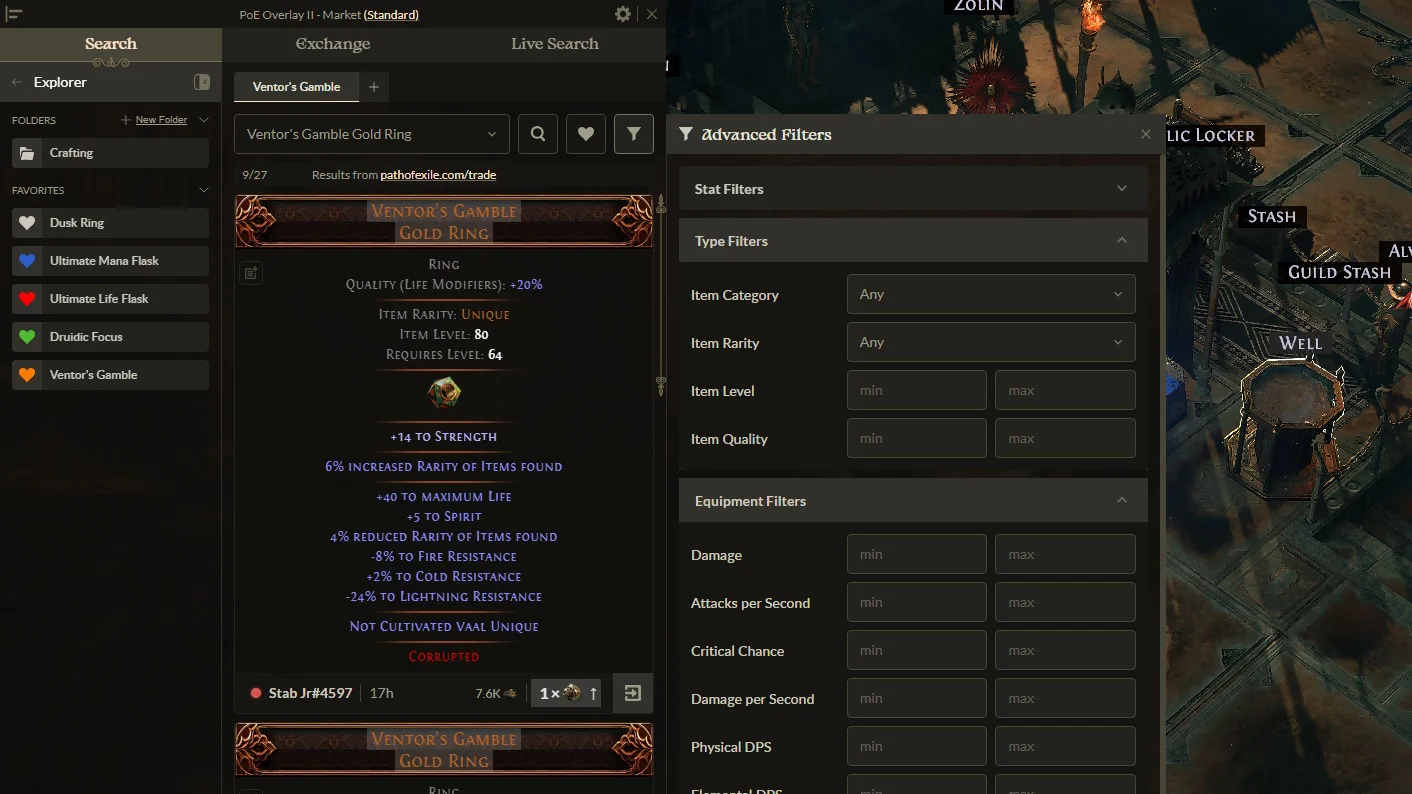 Live Market filters in-game