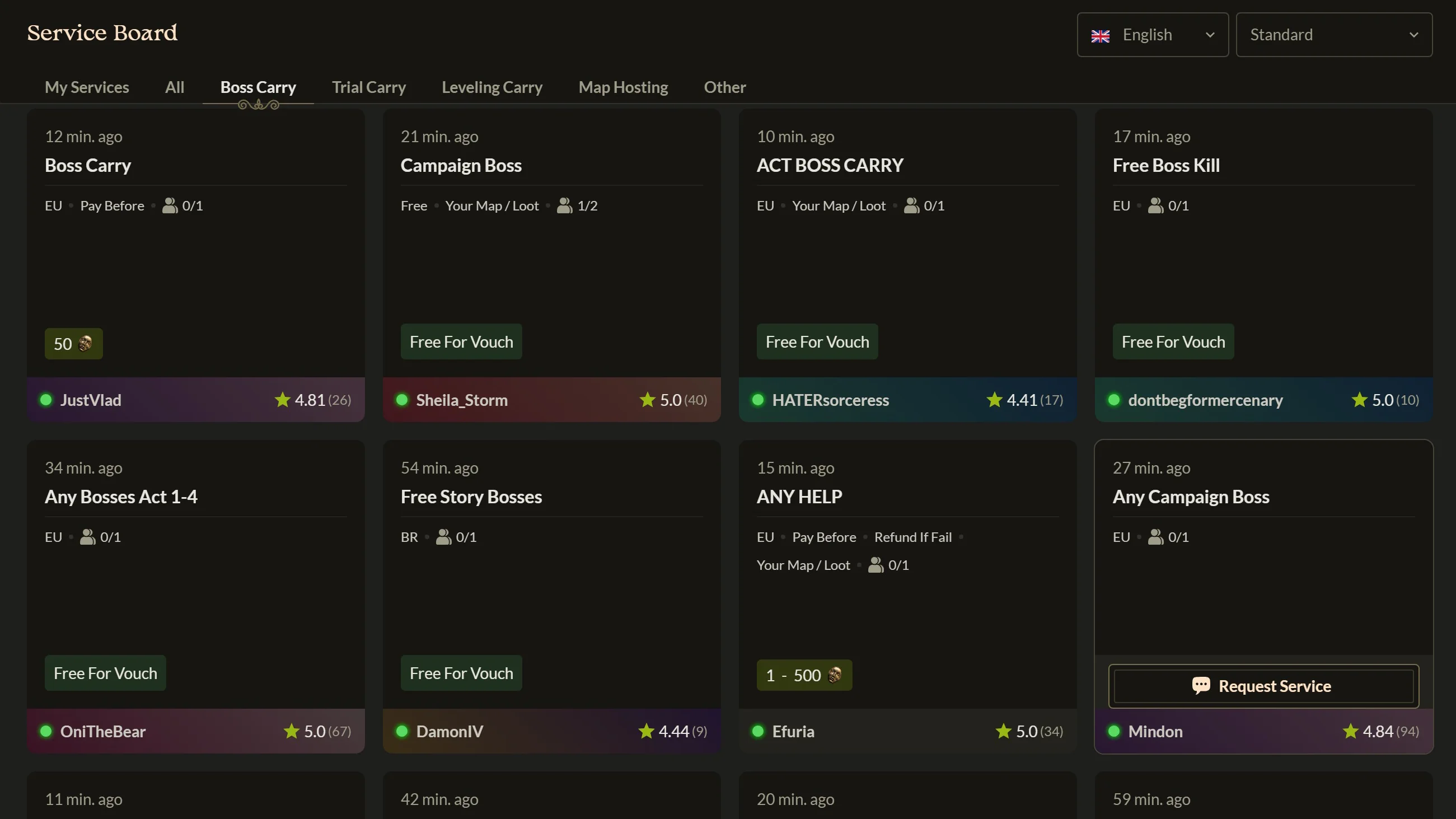 Service Board player-run boss help listings